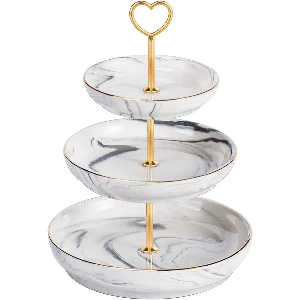 3 Tier Ceramic Marble‎ Jewelry Dish Tray Gold Heart Handle PMH21112 Grey White